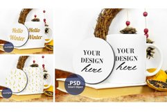 Mug & Round Coaster mockup, Winter Coaster & Mug Mockup PSD Product Image 1
