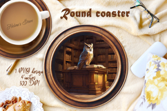 Owl in wood vintage library round coaster sublimation png Product Image 1