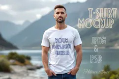 Adventure mountains man white t-shirt mockup JPG and PSD Product Image 1