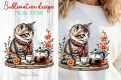 Coffee &amp; cat in flowers sublimation design| Cute cat clipart Product Image 1