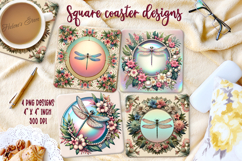 Fantasy dragonfly in floral frame square coaster design png Product Image 1