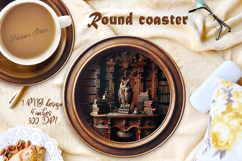 Owl in wood vintage library round coaster sublimation png Product Image 1