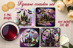 Purple Halloween black castle square coaster sublimation png Product Image 1