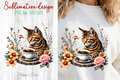 Coffee &amp; cat in flowers sublimation design| Cute cat clipart Product Image 1