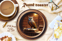 Owl in wood vintage library round coaster sublimation png Product Image 1