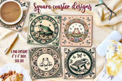 Cute frog &amp; butterfly in floral frame square coaster design Product Image 1
