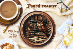 Owl in wood vintage library round coaster sublimation png Product Image 1
