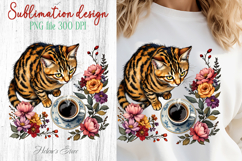 Coffee &amp; cat in flowers sublimation design| Cute cat clipart Product Image 1
