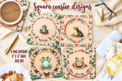 Cute frog &amp; butterfly in floral frame square coaster design Product Image 1