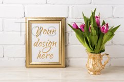 Golden frame mockup with magenta pink tulips in golden vase Product Image 1
