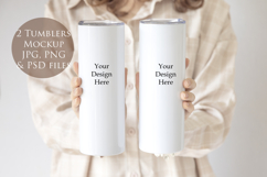 Two Skinny Tumbler Mockup -woman holding tumbler Product Image 1