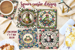 Cute frog &amp; butterfly in floral frame square coaster design Product Image 1