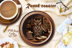 Owl in wood vintage library round coaster sublimation png Product Image 1