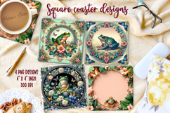 Cute frog &amp; butterfly in floral frame square coaster design Product Image 1