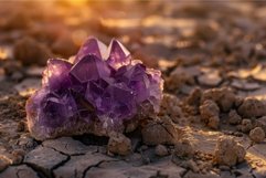 Amethyst cluster on cracked earth at sunset Product Image 1