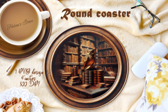Owl in wood vintage library round coaster sublimation png Product Image 1