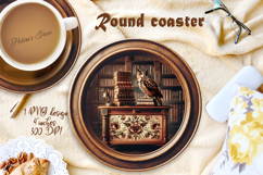 Owl in wood vintage library round coaster sublimation png Product Image 1