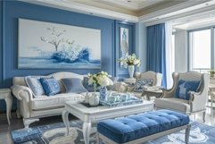 Elegant living room with blue themed decor featuring artwork Product Image 1
