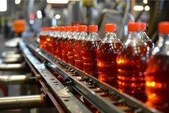 Bottling plant conveyor belt carrying bottles filled with so Product Image 1