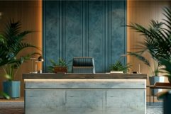 Modern office reception desk with tropical plants creating a Product Image 1
