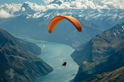 Paraglider enjoying scenic flight over mountain lake Product Image 1