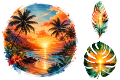 Tropical Sunset Watercolor Clipart, Beach Vacation PNG Product Image 2