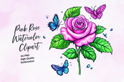 Pink rose with butterfly watercolor clipart sublimation Product Image 1