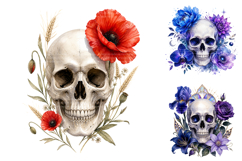 Watercolor Floral Skulls, Gothic Botanical PNG Product Image 3
