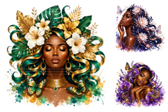 Black Women Watercolor Floral PNG Clipart Bundle Product Image 3
