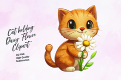 Cat holding daisy flower watercolor clipart Product Image 1