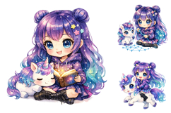 Cute Galaxy Chibi Girls Baby Unicorn PNG Product Image 2