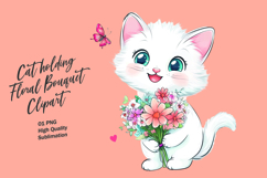 Cat holding floral bouquet watercolor clipart Product Image 1