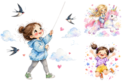 Whimsical Girl Watercolor Clipart Bundle, Kids Storybook PNG Product Image 3