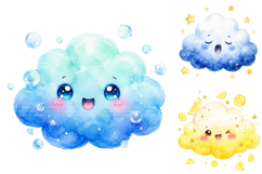 Watercolor Kawaii Clouds PNG Bundle, Sublimation Designs Product Image 3