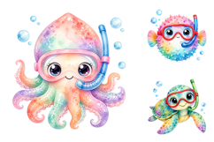 Snorkeling Ocean Animals Clipart, Watercolor Sea Life PNG Product Image 3