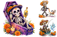 Watercolor Day Of The Dead Skeletons PNG Product Image 3