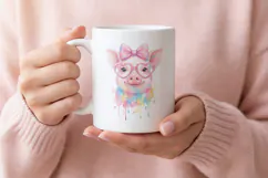 Cute Pig Watercolor PNG, Rainbow Piglet with Glasses Product Image 3