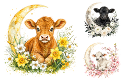 Cute Baby Cow Floral Crescent Moon Watercolor Clipart Bundle Product Image 3