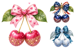 Glitter Cherry Bow Clipart Bundle, Seasonal Watercolor PNG Product Image 1