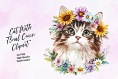 Cat with floral crown watercolor clipart Product Image 1