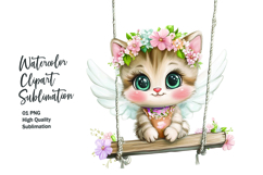 Cute cat sitting in wooden swing clipart png Product Image 1