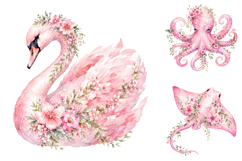 Pink Floral Sea Life Watercolor PNG, Ocean Animals Clipart Product Image 3