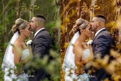 Before and after using Golden Wedding Presets on the outdoor bride and groom photo - Golden Wedding Presets transform outdoor bride and groom photo - Golden Wedding Presets add an aesthetic Instagram vibe to the outdoor bride and groom photo.