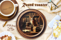 Owl in wood vintage library round coaster sublimation png Product Image 1