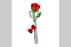 Branch with manuka flowers and red rose in vase on white background.