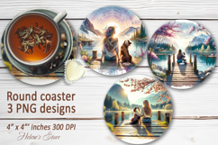 Girl and dog relax in mountains sublimation round coasters Product Image 1