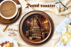 Owl in wood vintage library round coaster sublimation png Product Image 1