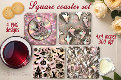 Pastel pink Halloween pattern square coaster sublimation png Product Image 1