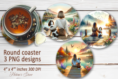 Girl and dog relax in mountains sublimation round coasters Product Image 1
