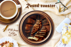 Owl in wood vintage library round coaster sublimation png Product Image 1